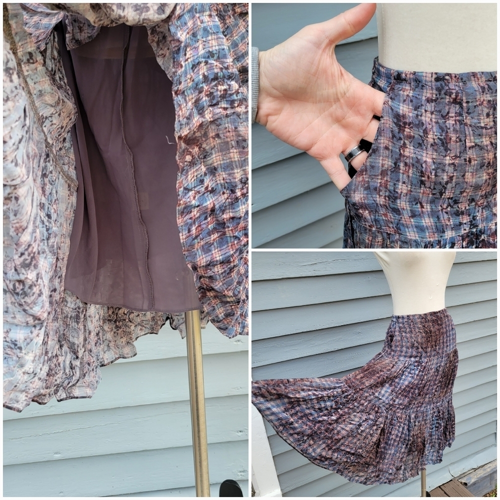 Peruvian Connection Flowy Summer Pleated Tiered Ruffle Floral Check Midi Skirt 8 - Picture 6 of 6
